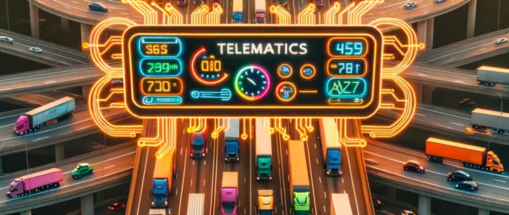 Overhead shot of a busy highway interchange with various colorful trucks. Digital overlays on trucks show speed, fuel levels, and GPS routes in neon hues.