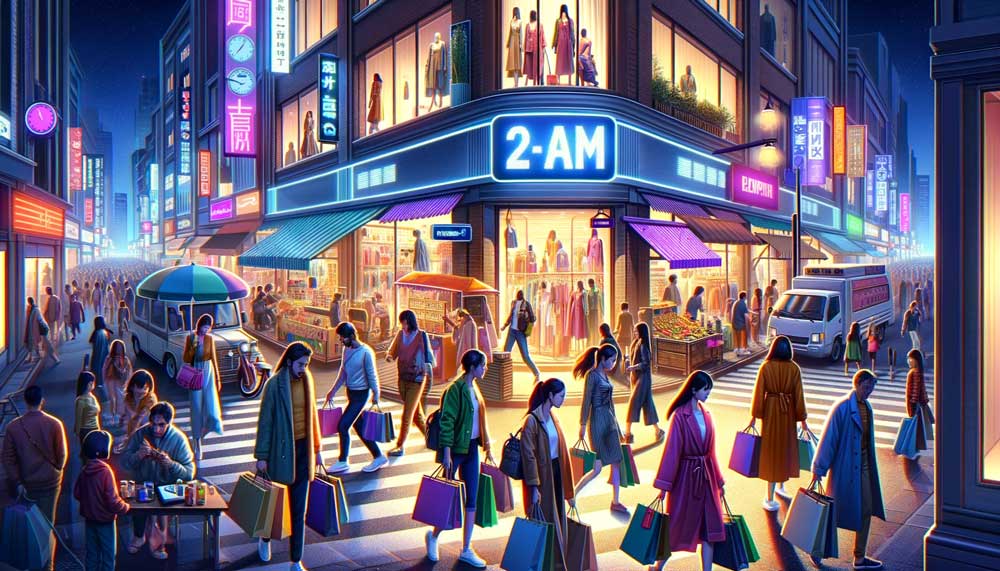 A vibrant illustration of a bustling city street at night with people shopping, neon signs glowing, and a shop labeled "2-AM," suggesting a lively urban scene that's active even in the early hours.